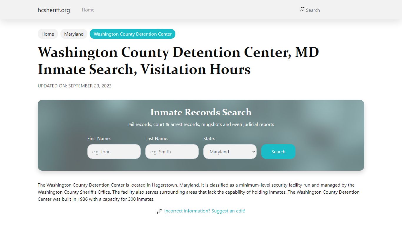 Washington County Detention Center, MD Inmate Search, Visitation Hours