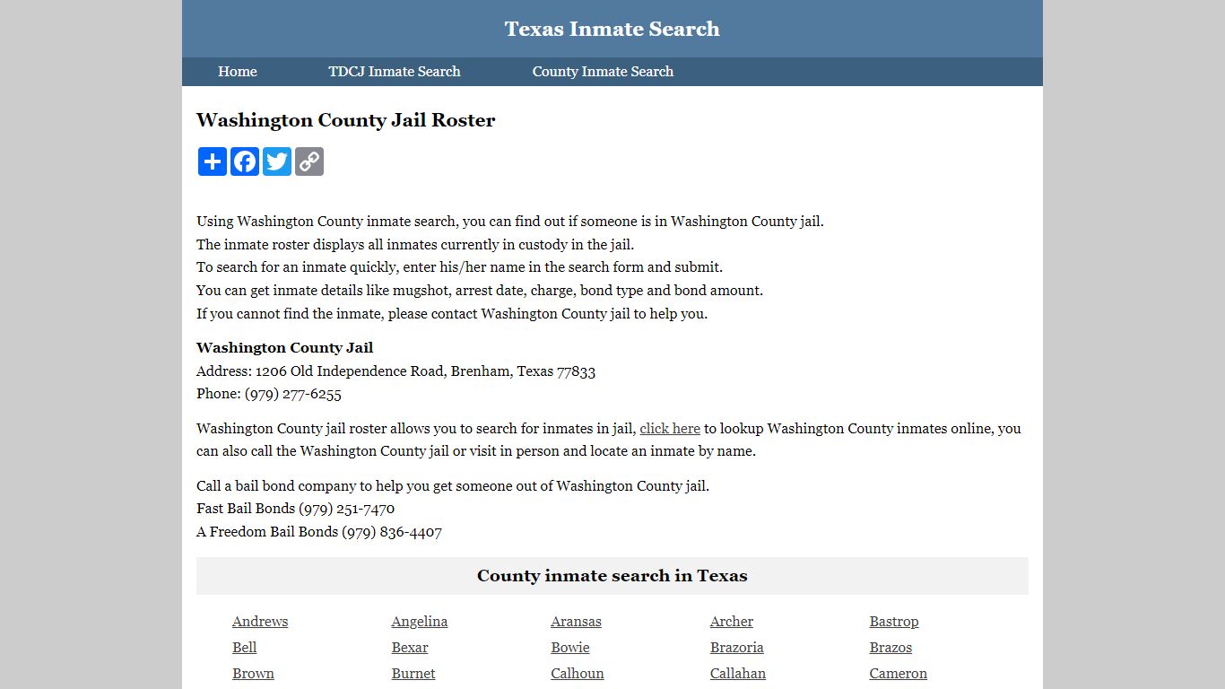 Washington County Jail Roster - Texas Inmate Search