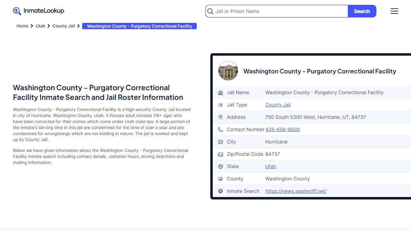 Washington County - Purgatory Correctional Facility (UT) Inmate Search ...