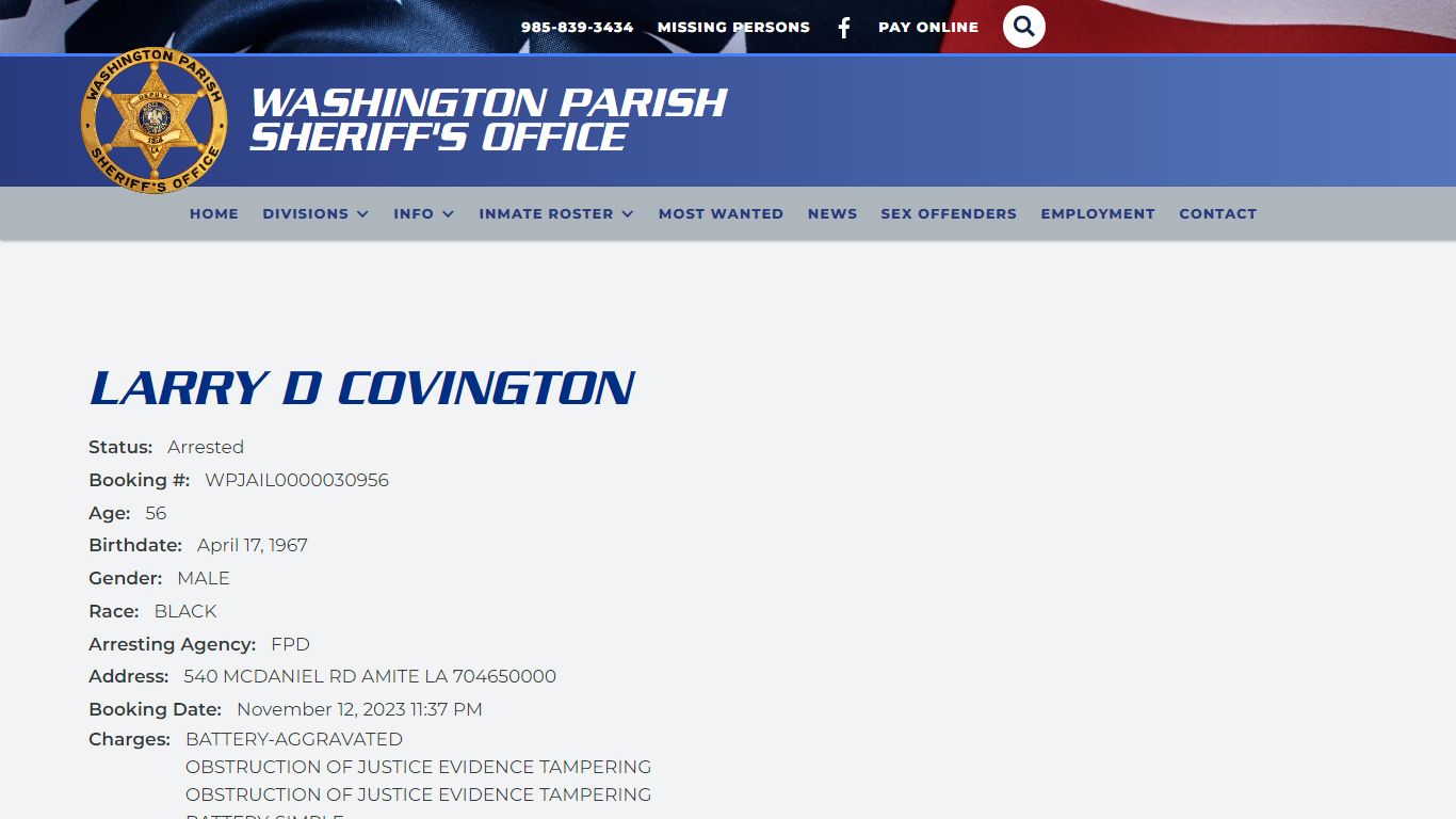 View Roster - LARRY D COVINGTON | Washington Parish Sheriff's Office LA