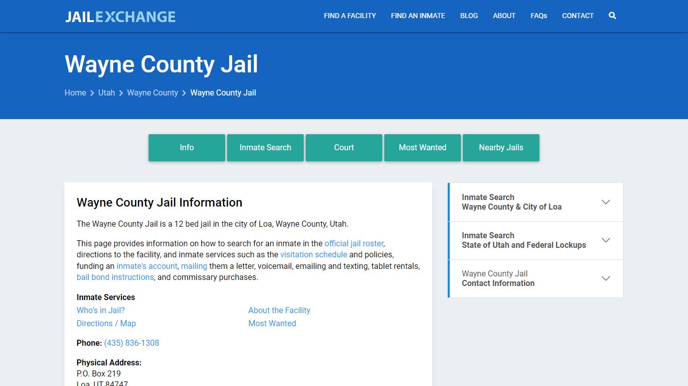 Wayne County Jail, UT Inmate Search, Information