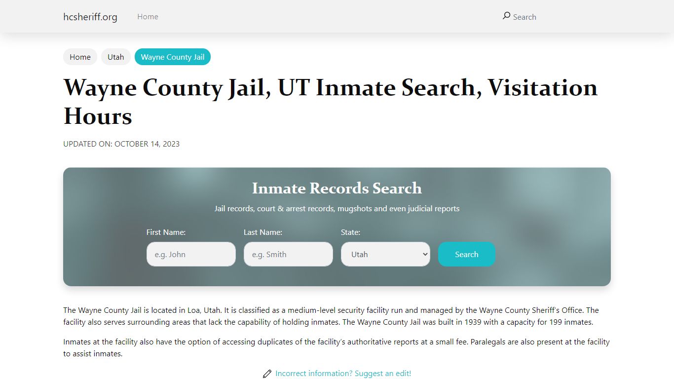 Wayne County Jail, UT Inmate Search, Visitation Hours