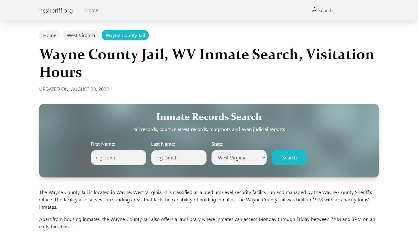 Wayne County Jail, WV Inmate Search, Visitation Hours