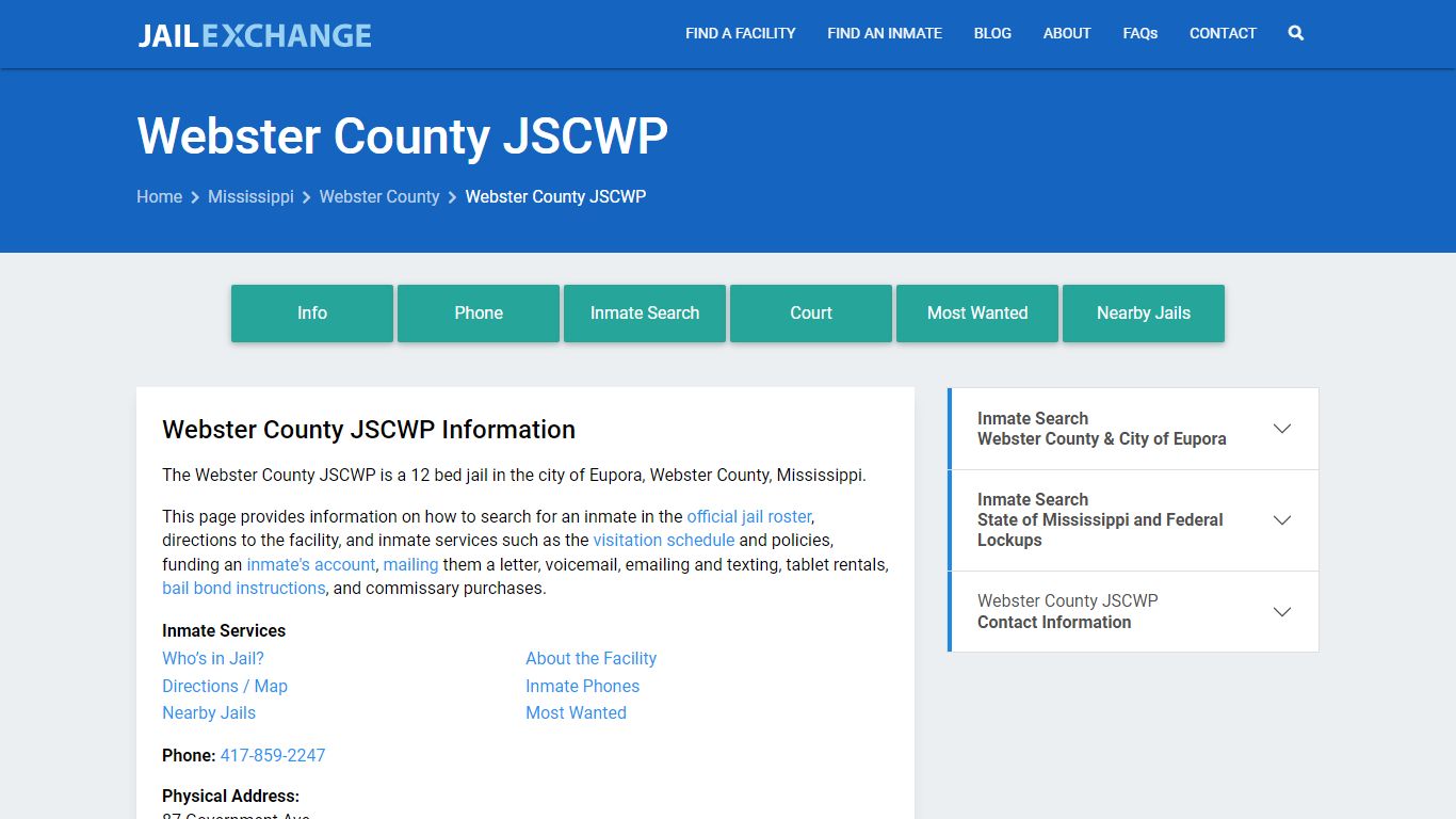 Webster County JSCWP, MS Inmate Search, Information - Jail Exchange