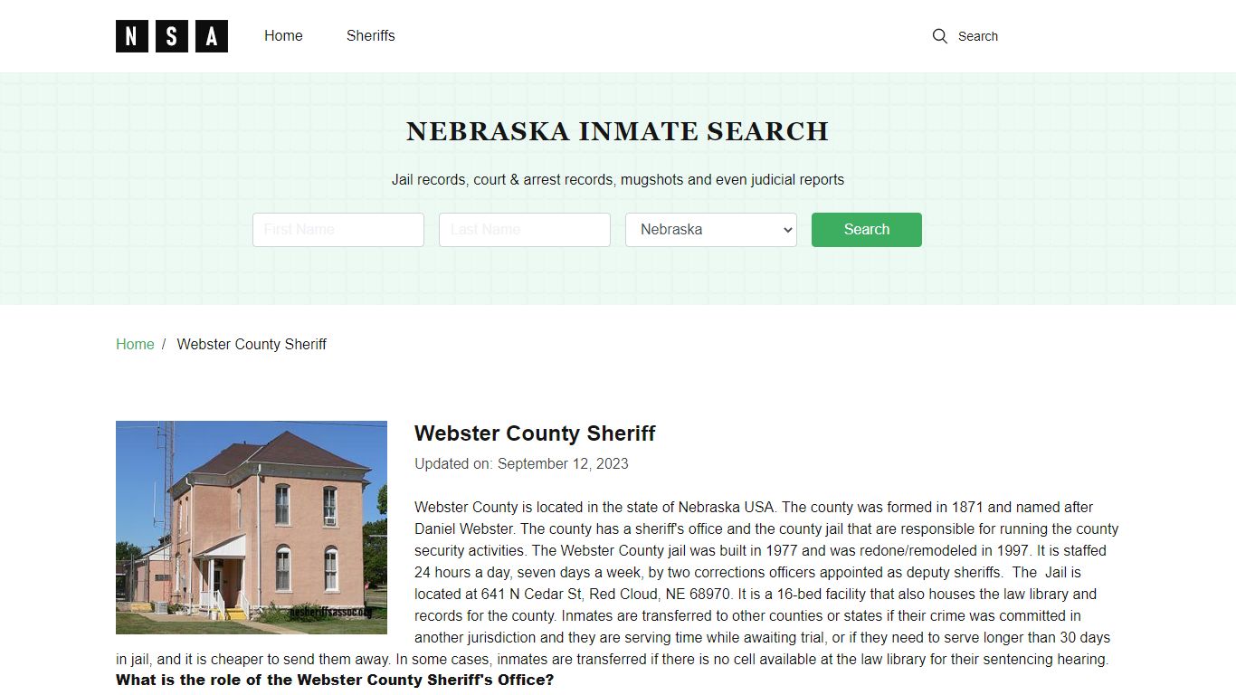 Webster County Sheriff, Nebraska and County Jail Information