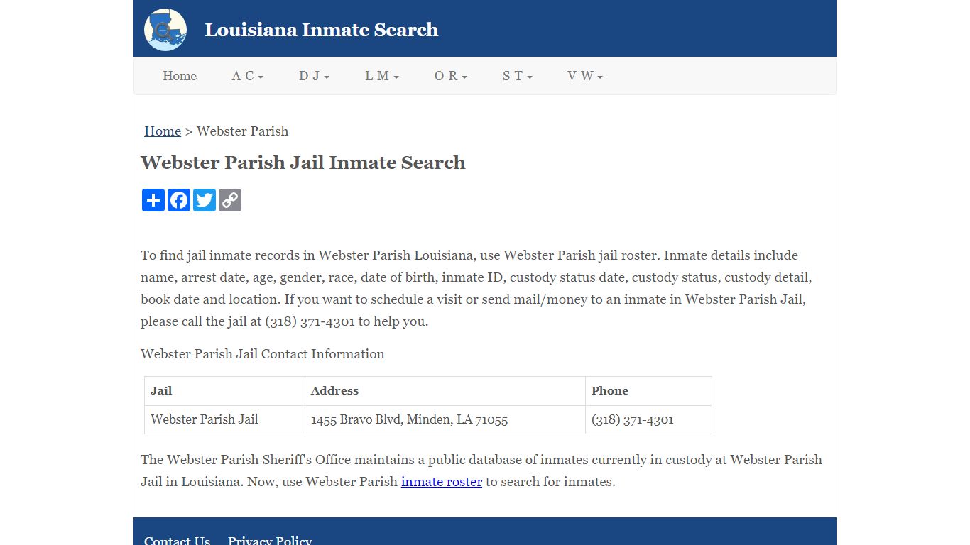 Webster Parish Jail Inmate Search