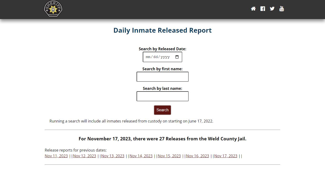 Weld County: Sheriff's Office Inmate Released Report