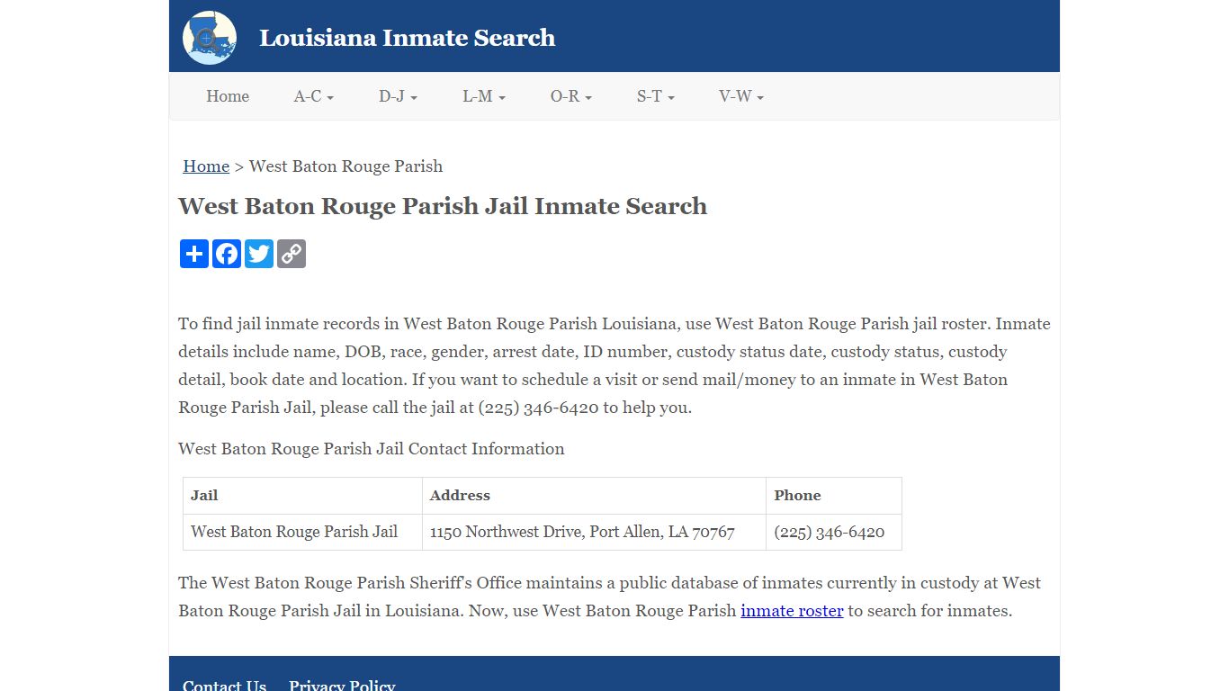 West Baton Rouge Parish Jail Inmate Search