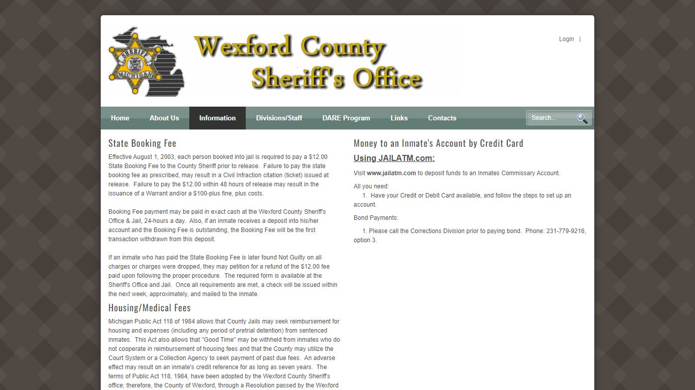 Wexford Sheriffs > Information > Jail > Inmate Accounts