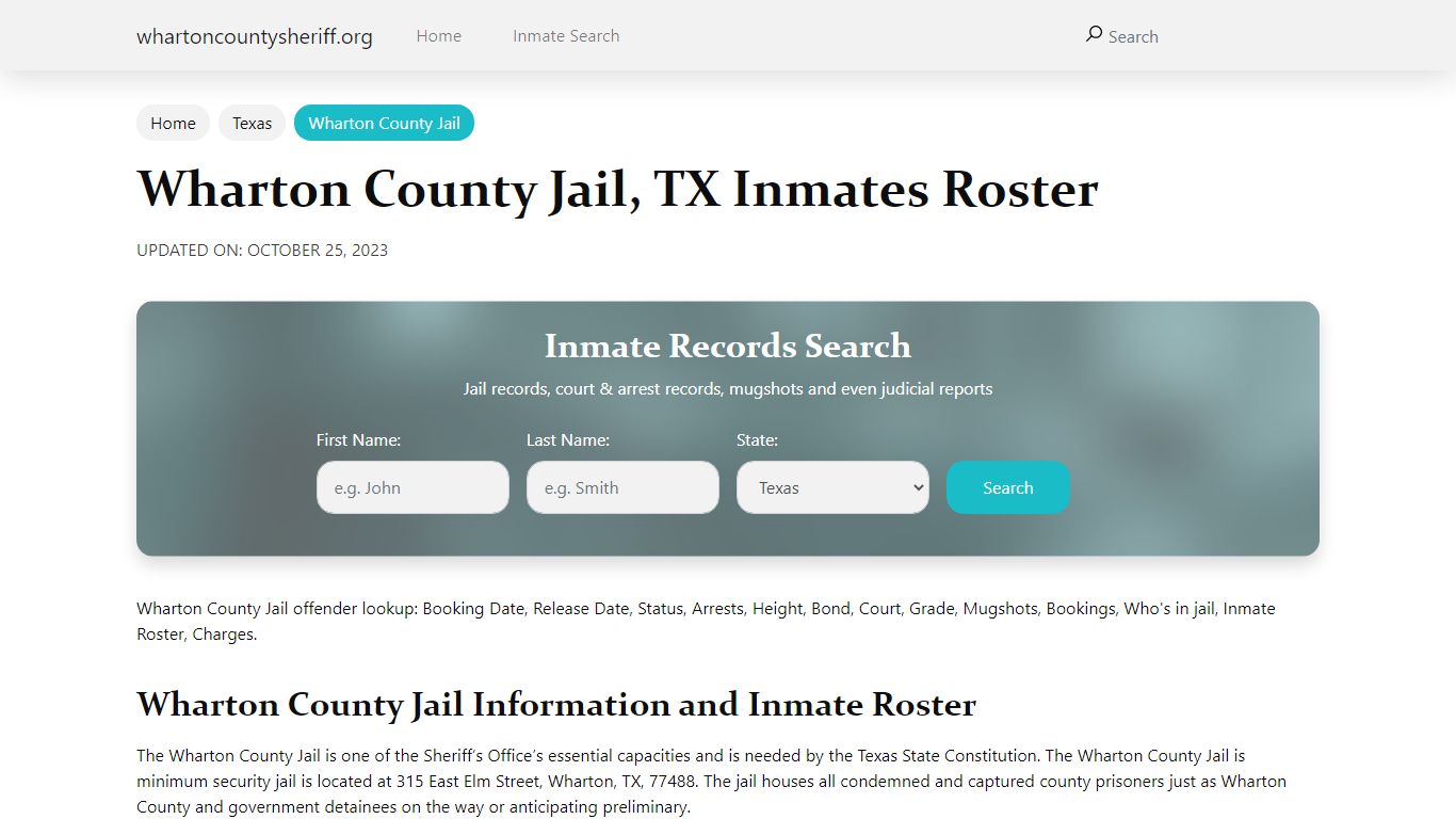 Wharton County Jail, TX Jail Roster, Name Search