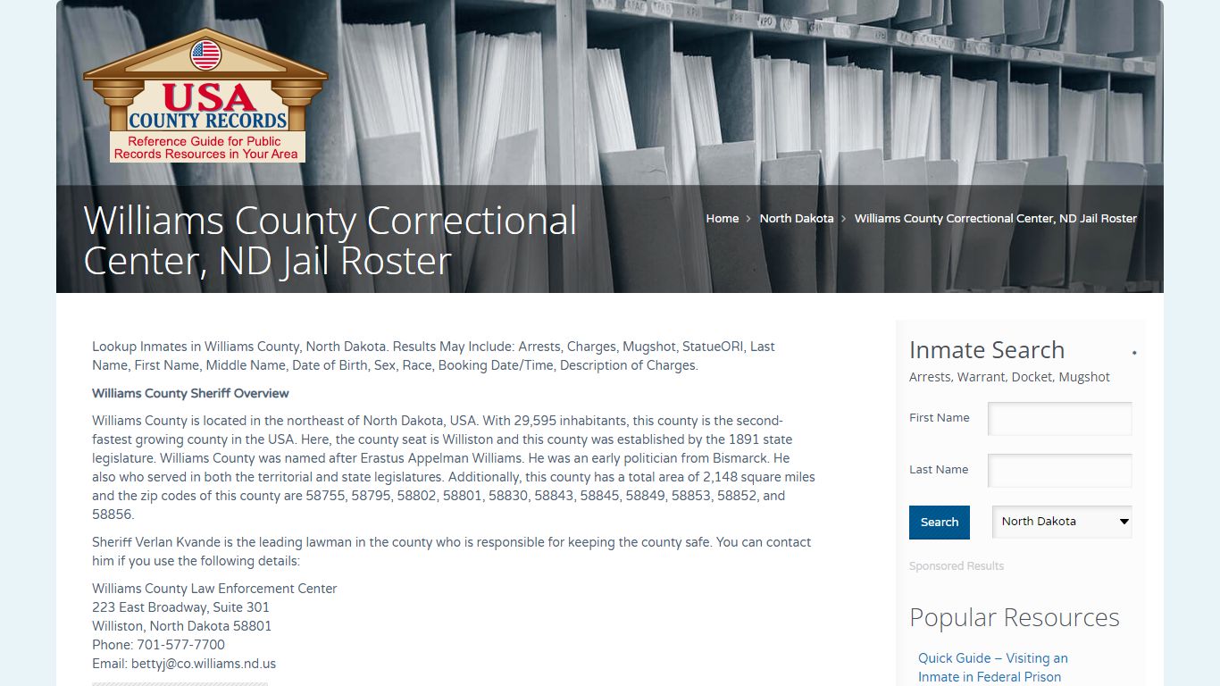 Williams County Correctional Center, ND Jail Roster | Name Search