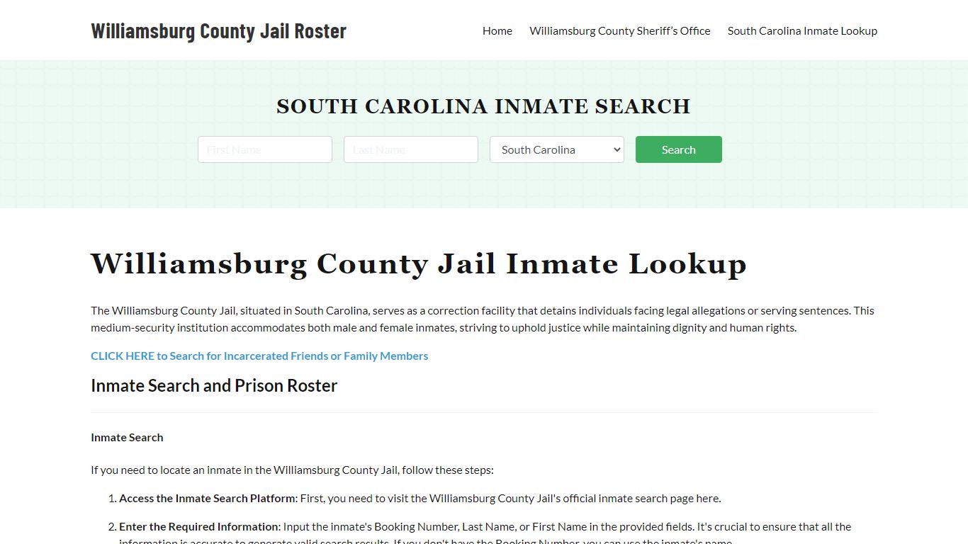 Williamsburg County Jail Roster Lookup, SC, Inmate Search