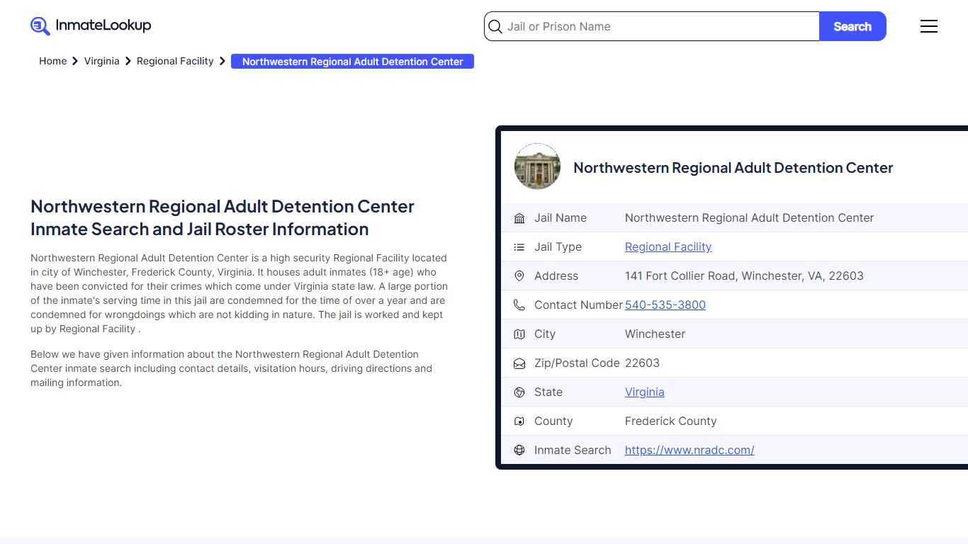 Northwestern Regional Adult Detention Center Inmate Search - Winchester ...