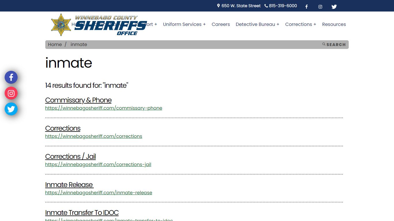 Winnebago Sheriff inmate Information