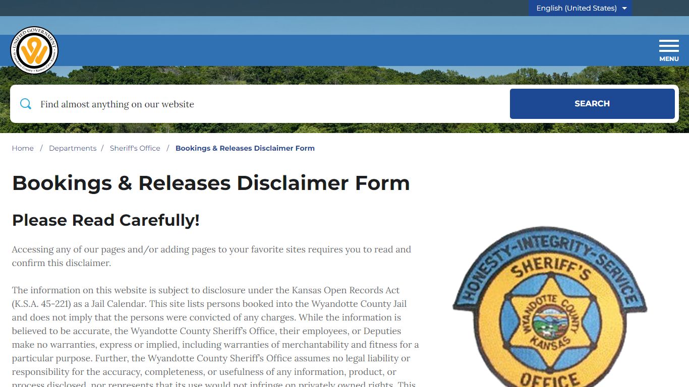 Bookings & Releases Disclaimer Form - Wyandotte County, Kansas