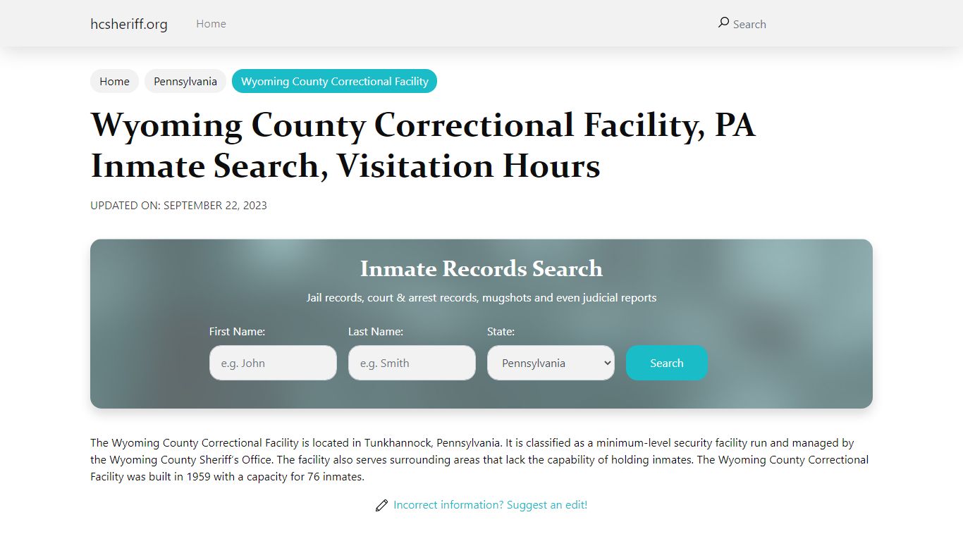 Wyoming County Correctional Facility, PA Inmate Search, Visitation Hours