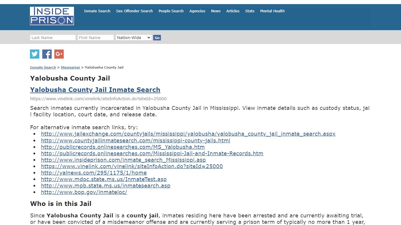 Yalobusha County Jail - Mississippi - Inmate Search - Inside Prison