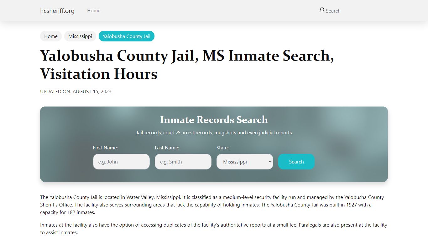 Yalobusha County Jail, MS Inmate Search, Visitation Hours