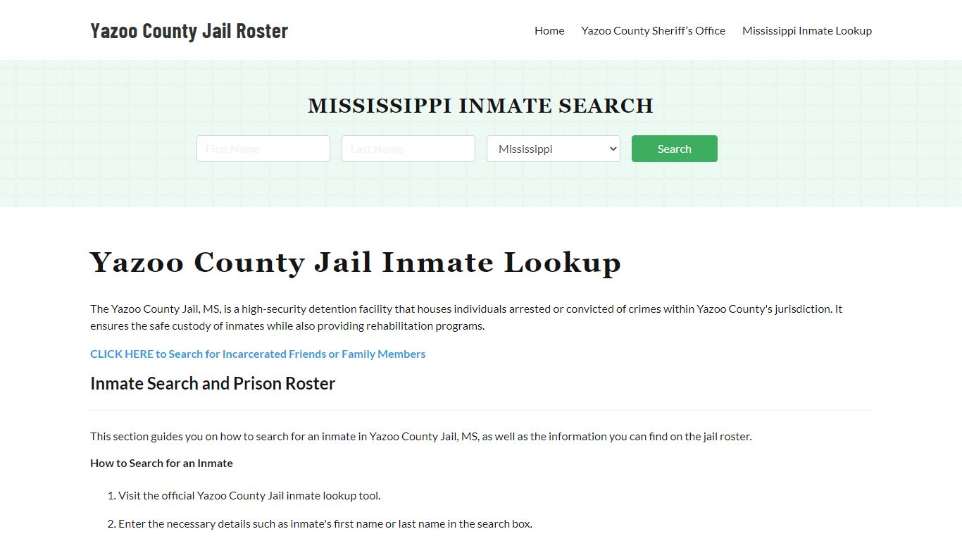 Yazoo County Jail Roster Lookup, MS, Inmate Search