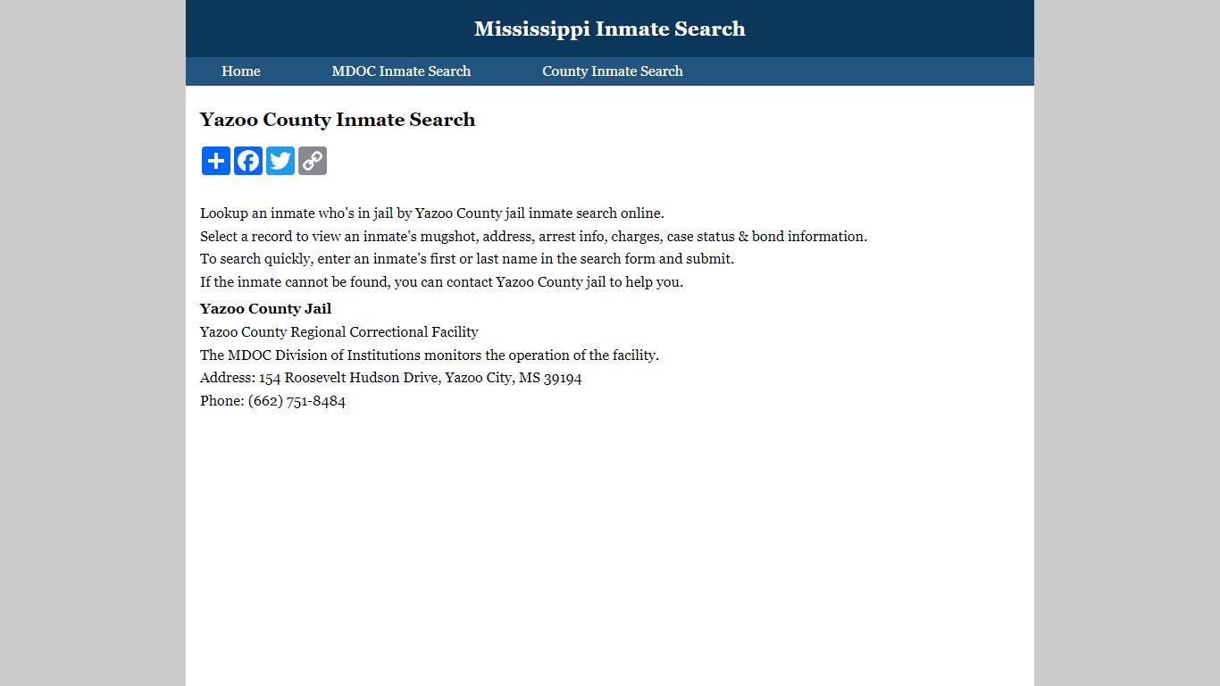 Yazoo County Inmate Search - Mississippi Inmate Search