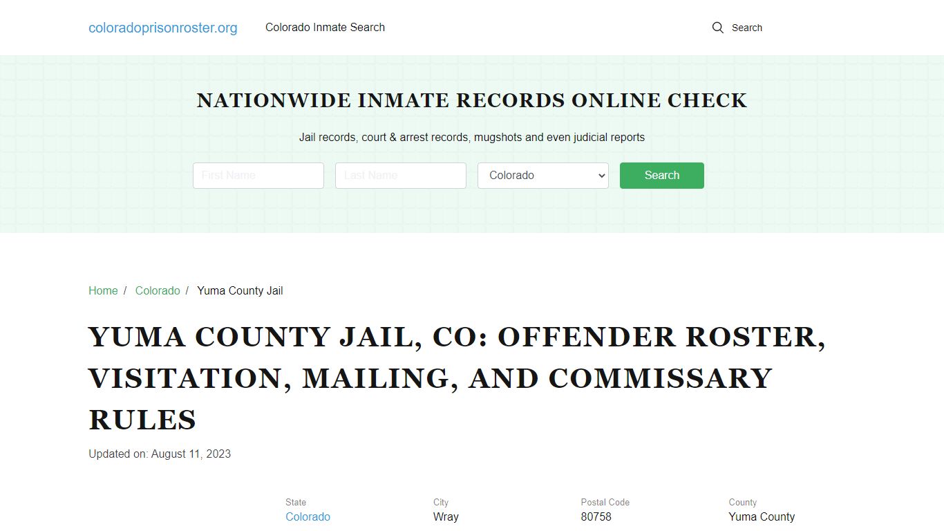Yuma County Jail, CO: Inmate Lookup, Visitations, Contacts