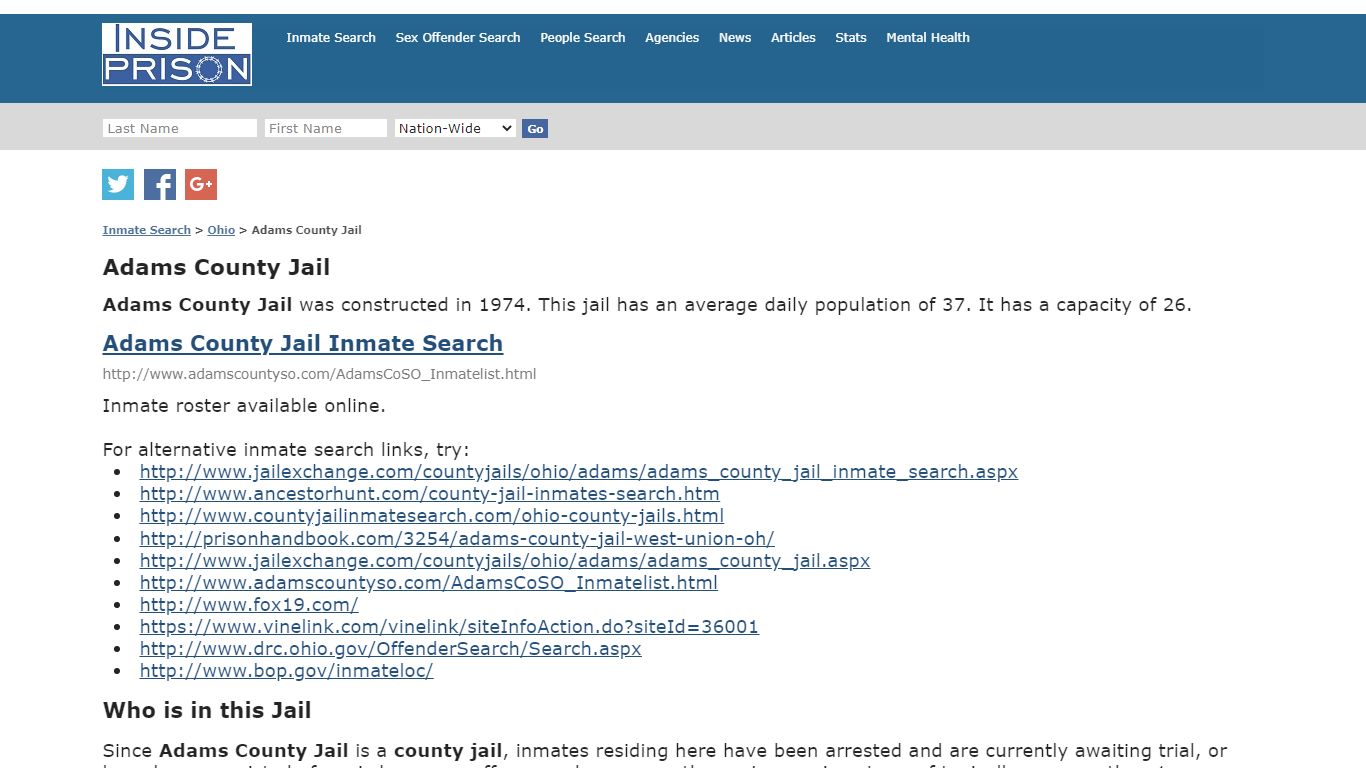Adams County Jail - Ohio - Inmate Search - Inside Prison