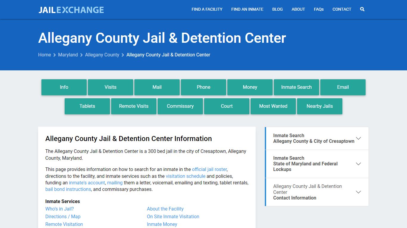 Allegany County Jail & Detention Center, MD Inmate Search, Information