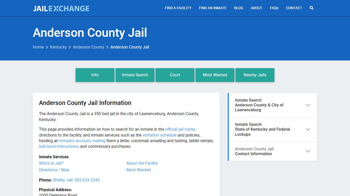 Anderson County Jail, KY Inmate Search, Information