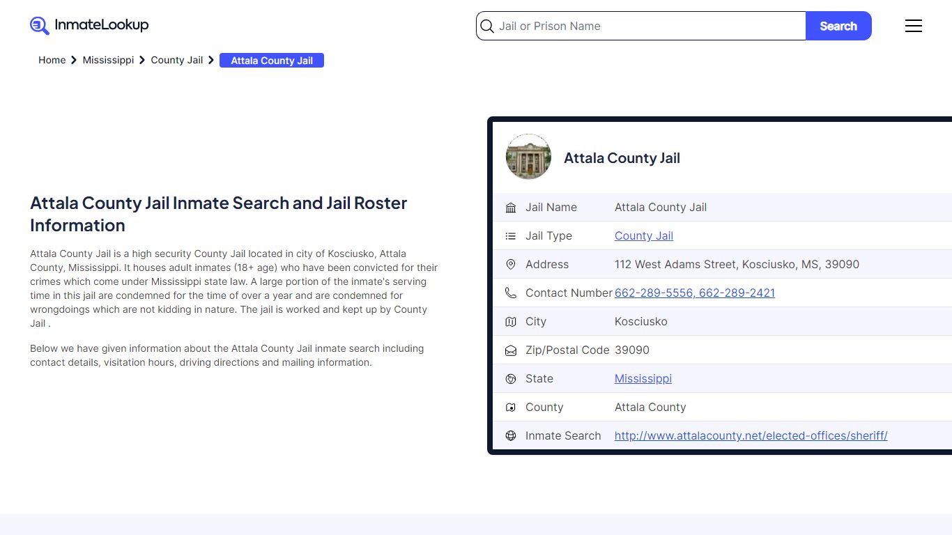 Attala County Jail Inmate Search - Kosciusko Mississippi - Inmate Lookup