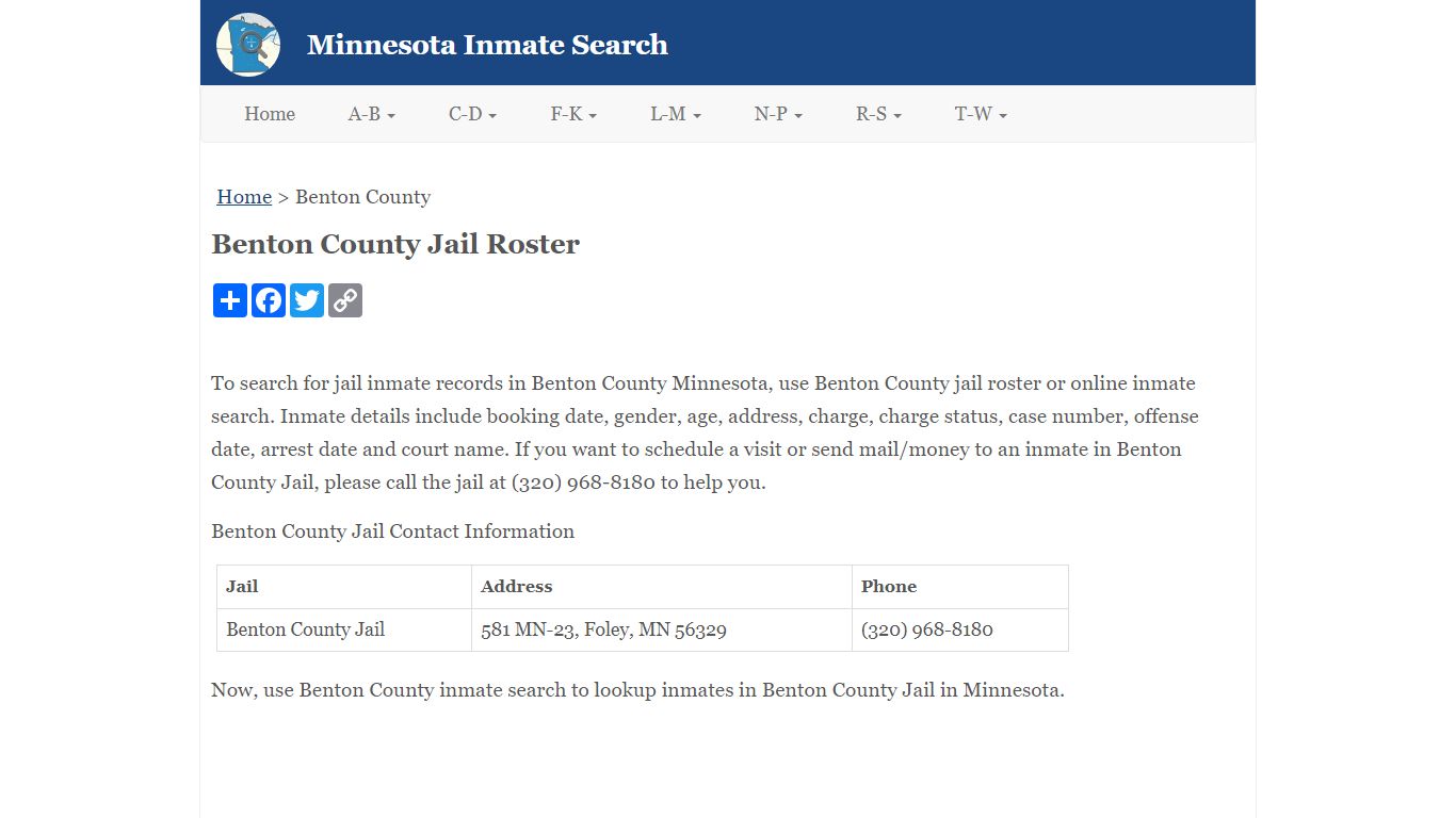 Benton County Jail Roster - Minnesota Inmate Search