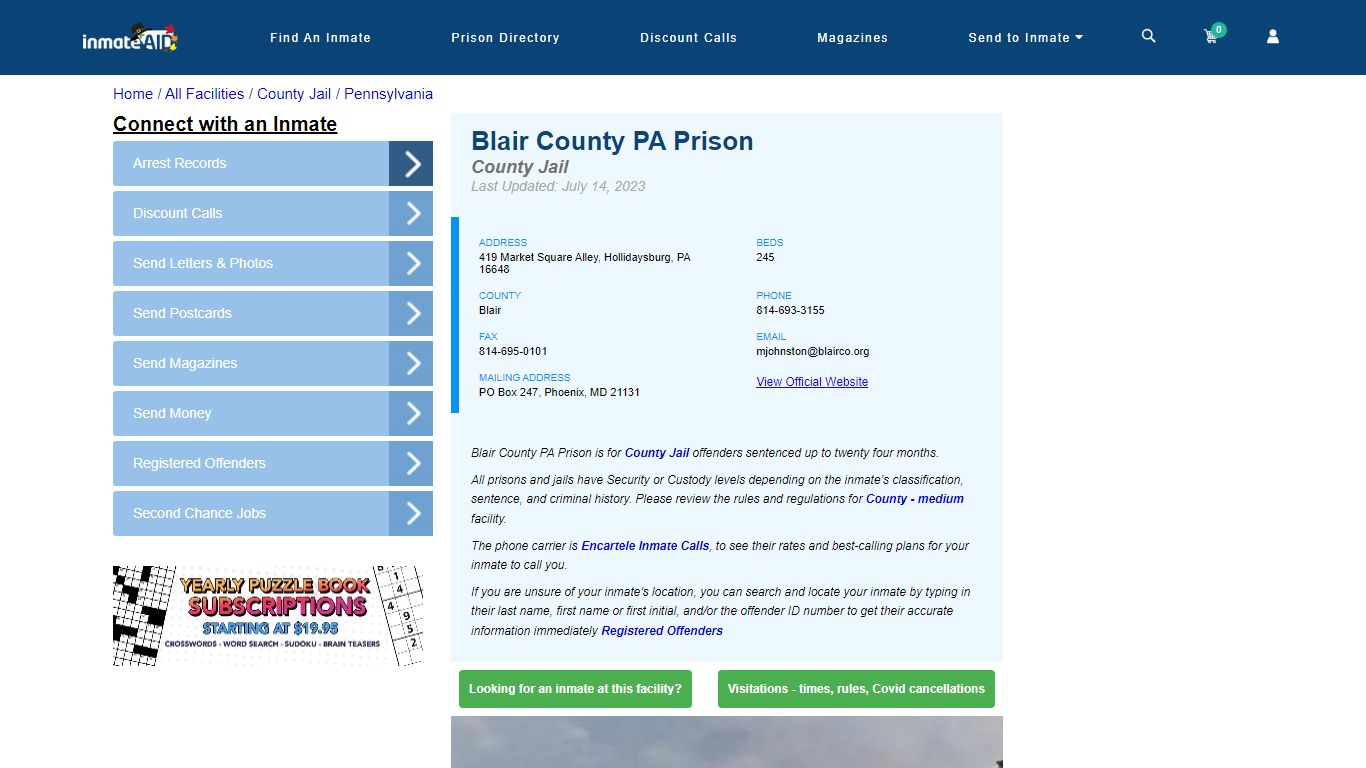 Blair County PA Prison - Inmate Locator - Hollidaysburg, PA