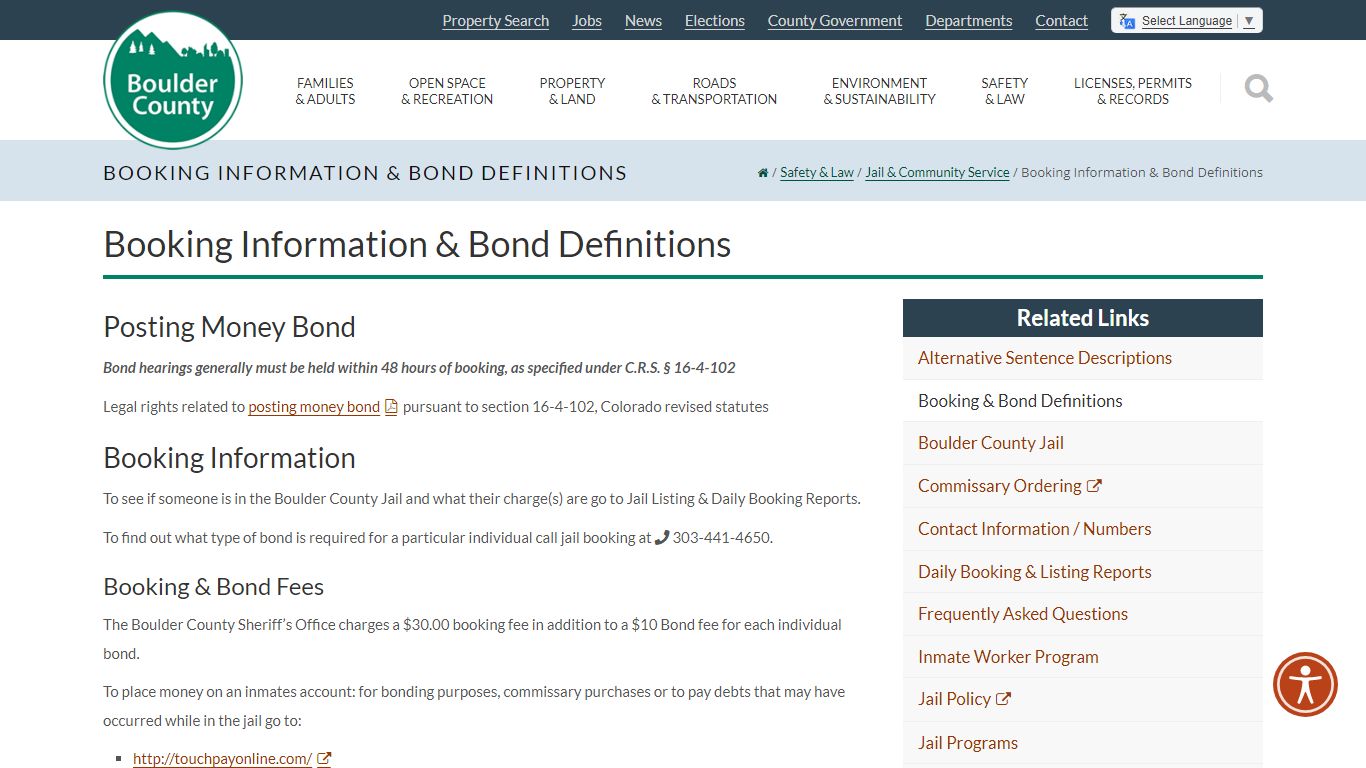 Booking Information & Bond Definitions - Boulder County