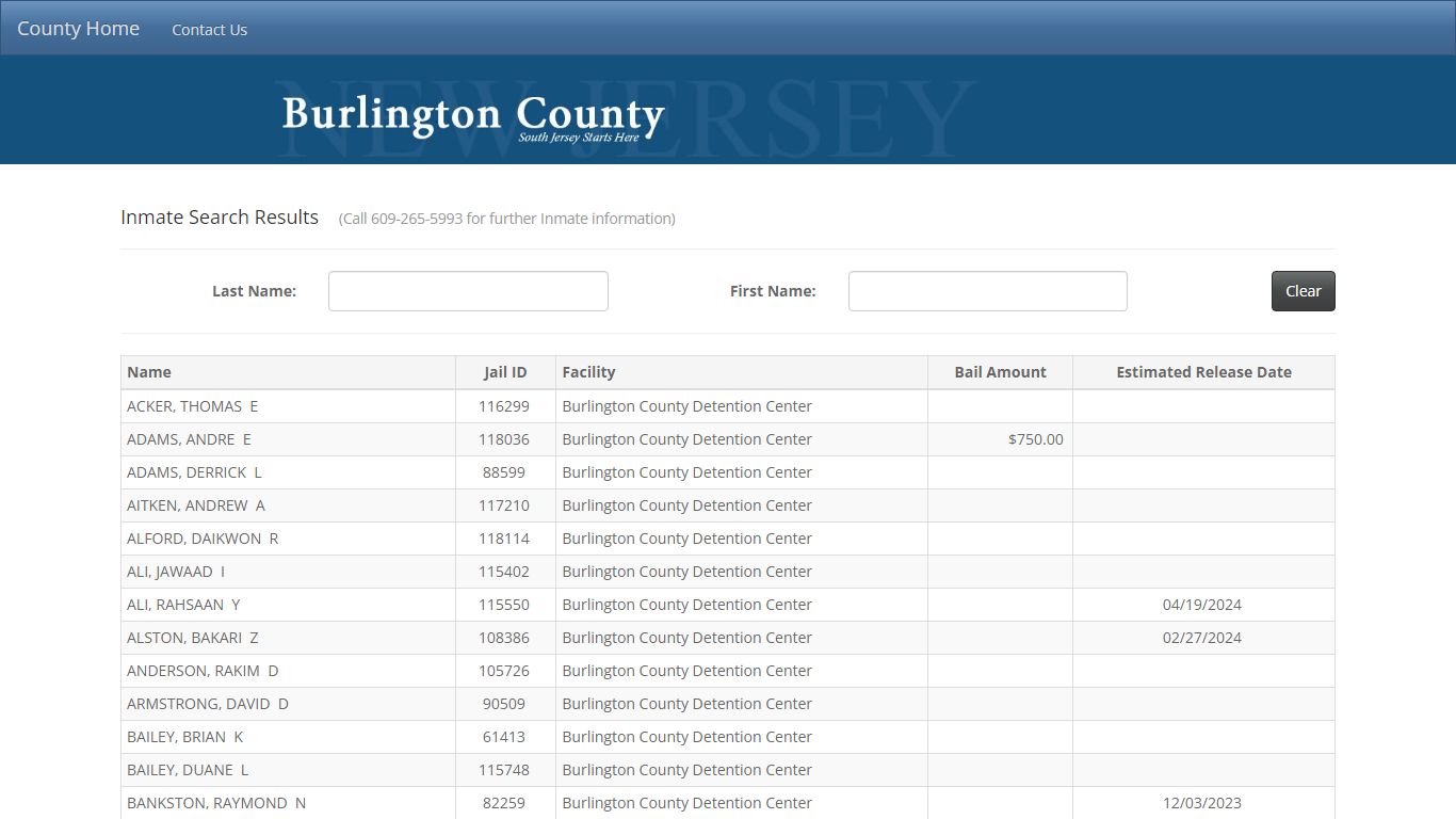 Inmate Search Results - County of Burlington