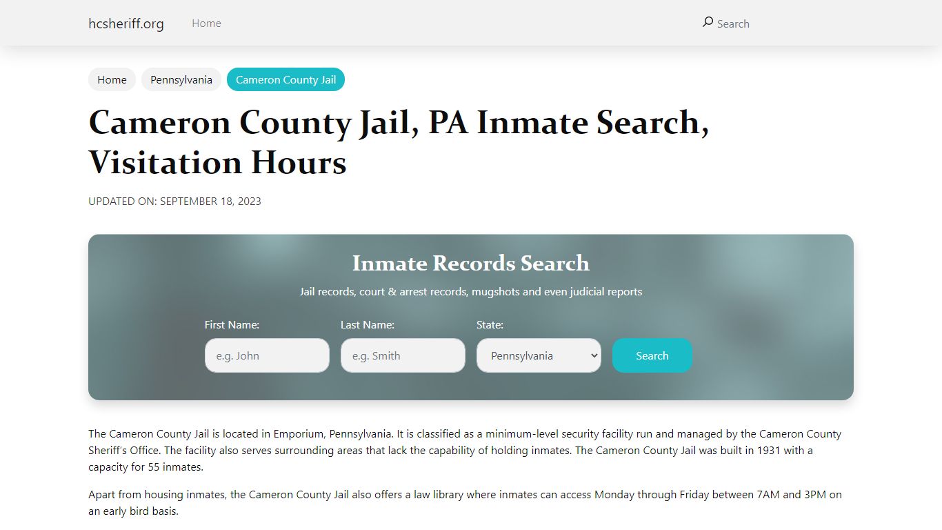 Cameron County Jail, PA Inmate Search, Visitation Hours