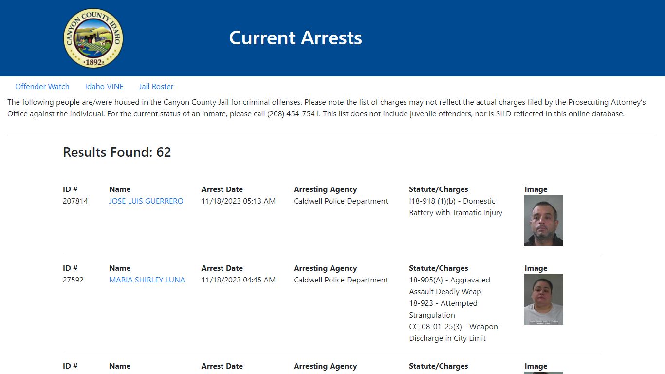 Current Arrests - Id