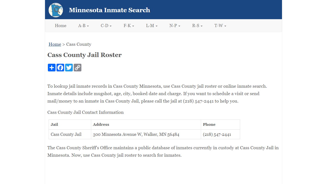 Cass County Jail Roster - Minnesota Inmate Search