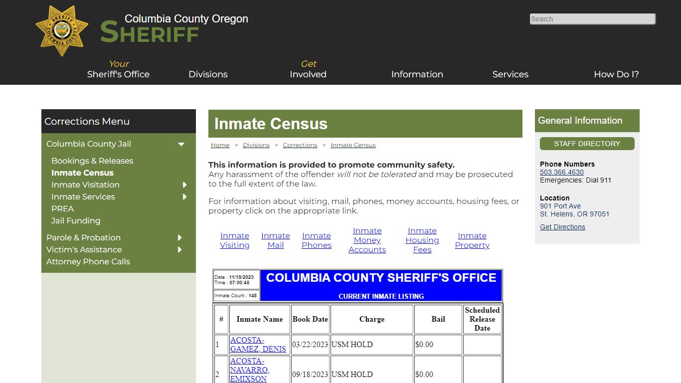 Columbia County Oregon Sheriff - Inmate Census