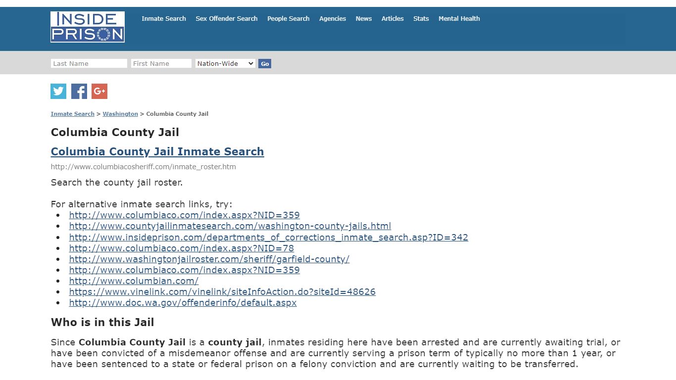 Columbia County Jail - Washington - Inmate Search - Inside Prison