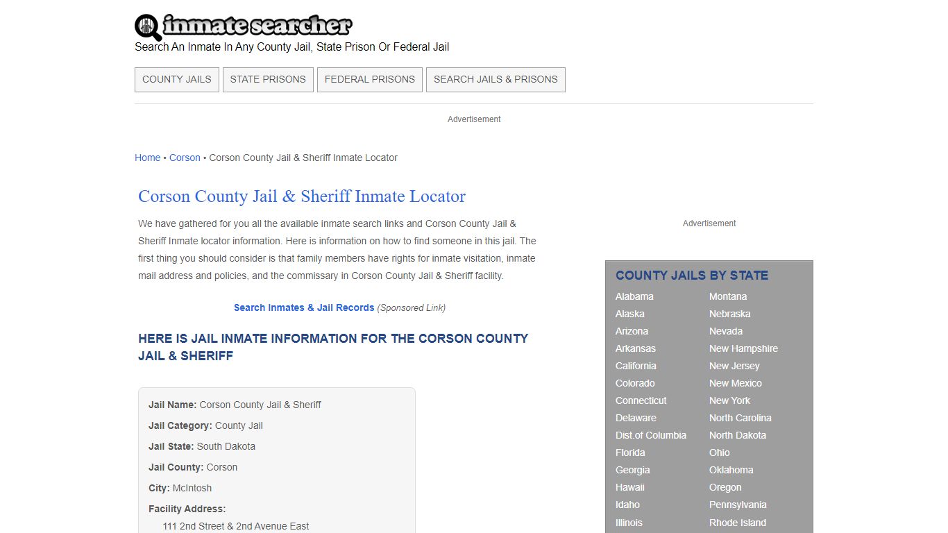 Corson County Jail & Sheriff Inmate Locator - Inmate Searcher