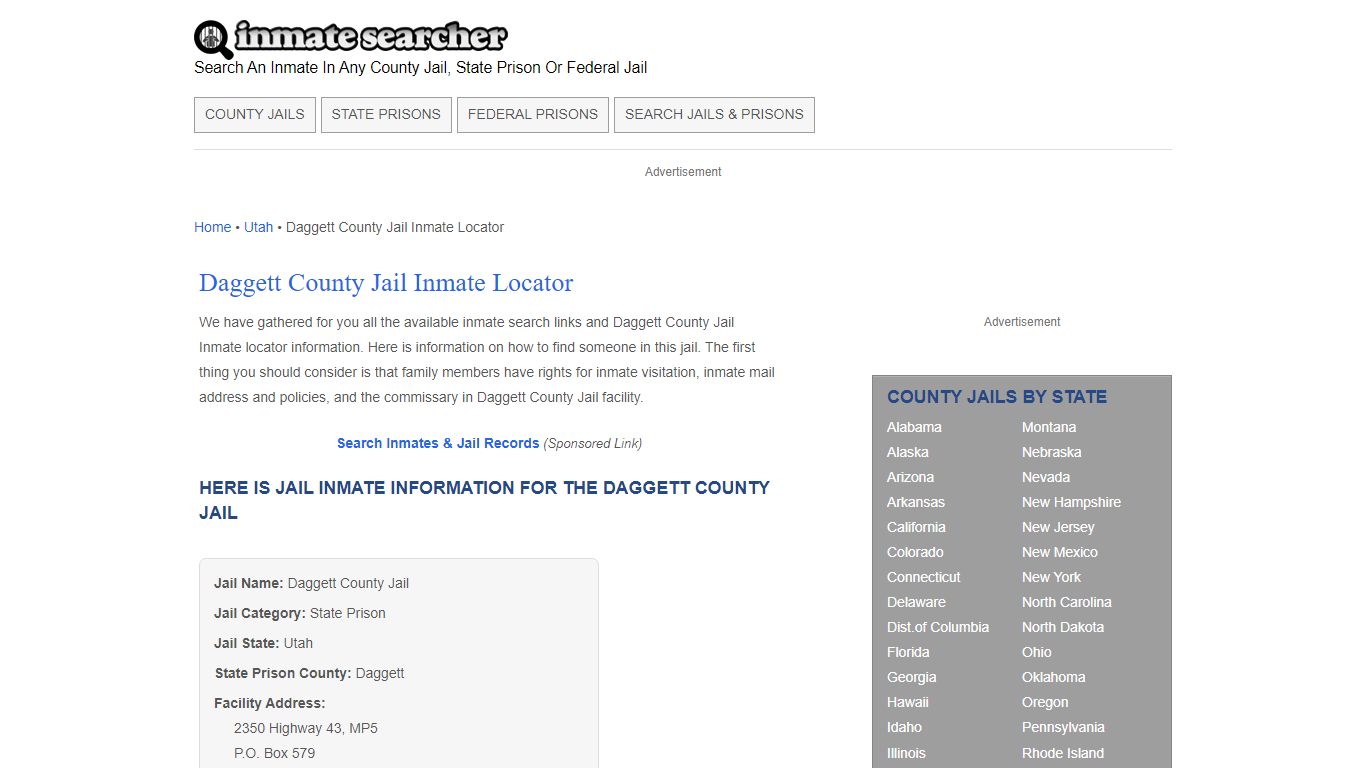 Daggett County Jail Inmate Locator - Inmate Searcher