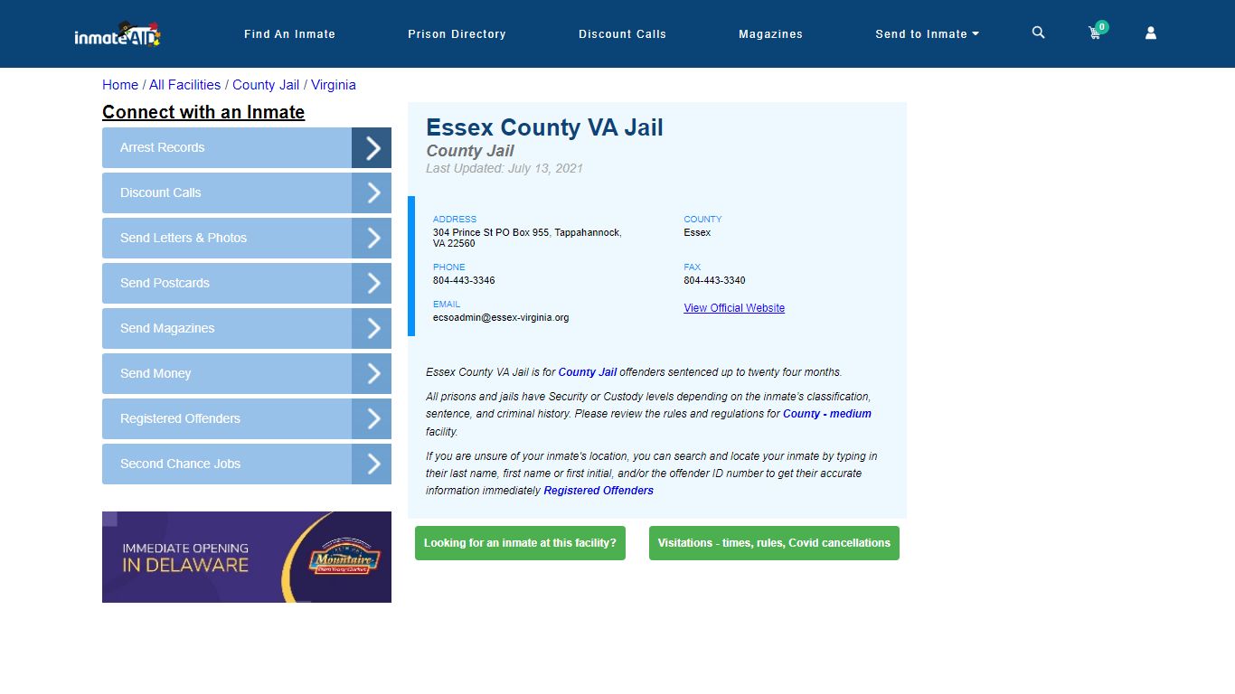 Essex County VA Jail - Inmate Locator - Tappahannock, VA