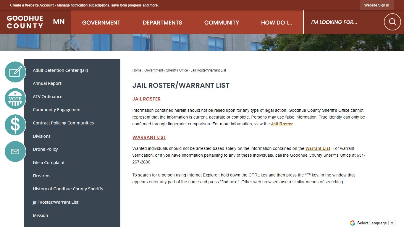 Jail Roster/Warrant List | Goodhue County, MN - Official Website