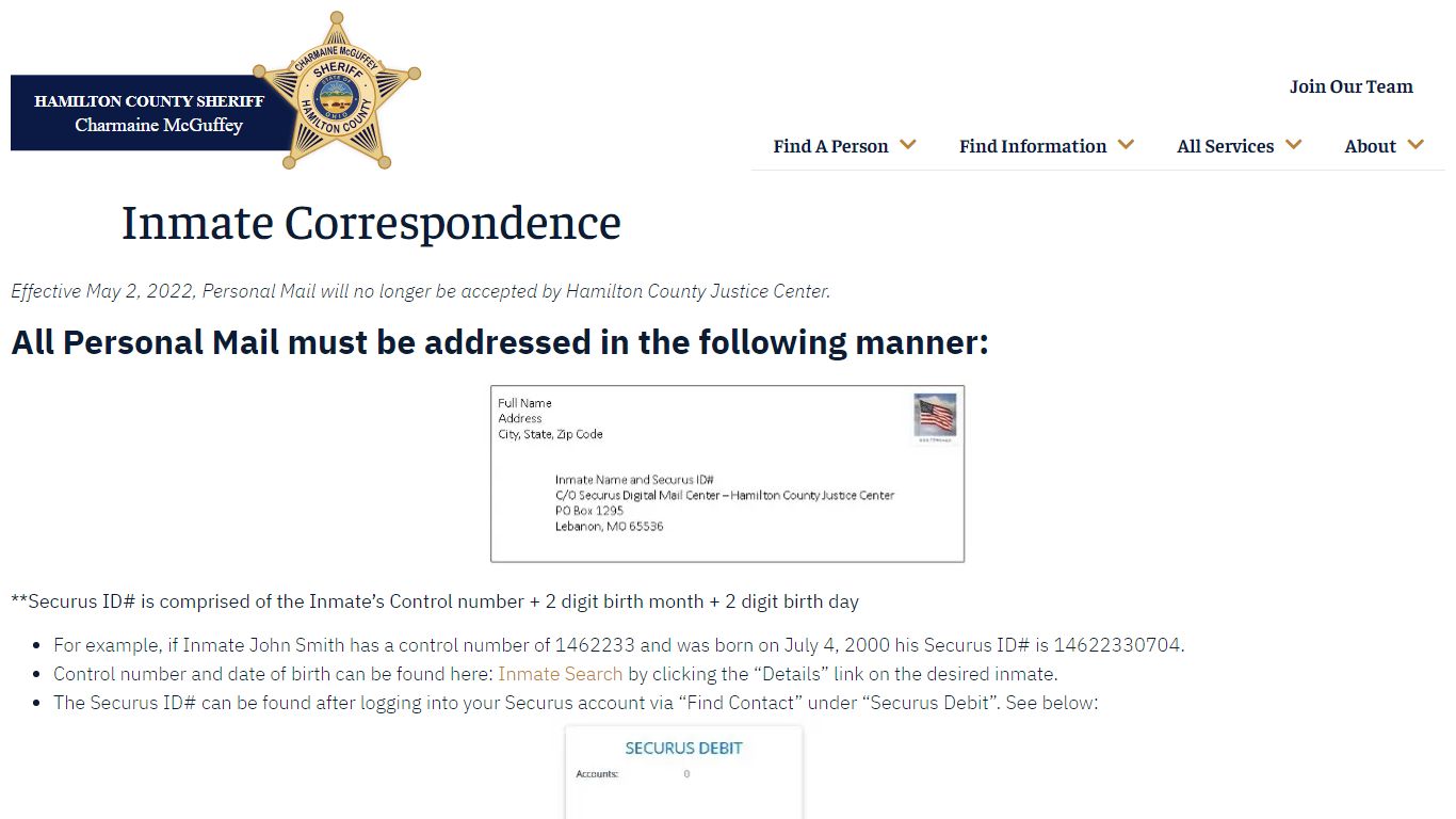 Inmate Correspondence - Hamilton County Sheriff's Office