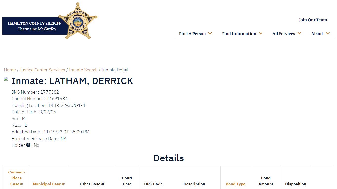 Inmate Detail - Hamilton County Sheriff's Office