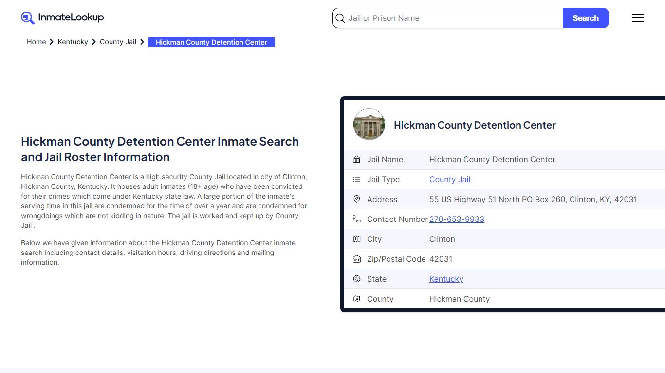 Hickman County Detention Center Inmate Search - Clinton Kentucky ...
