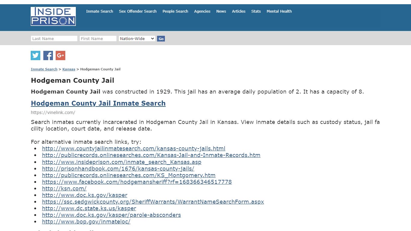 Hodgeman County Jail - Kansas - Inmate Search - Inside Prison