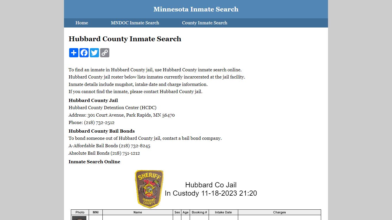 Hubbard County Inmate Search