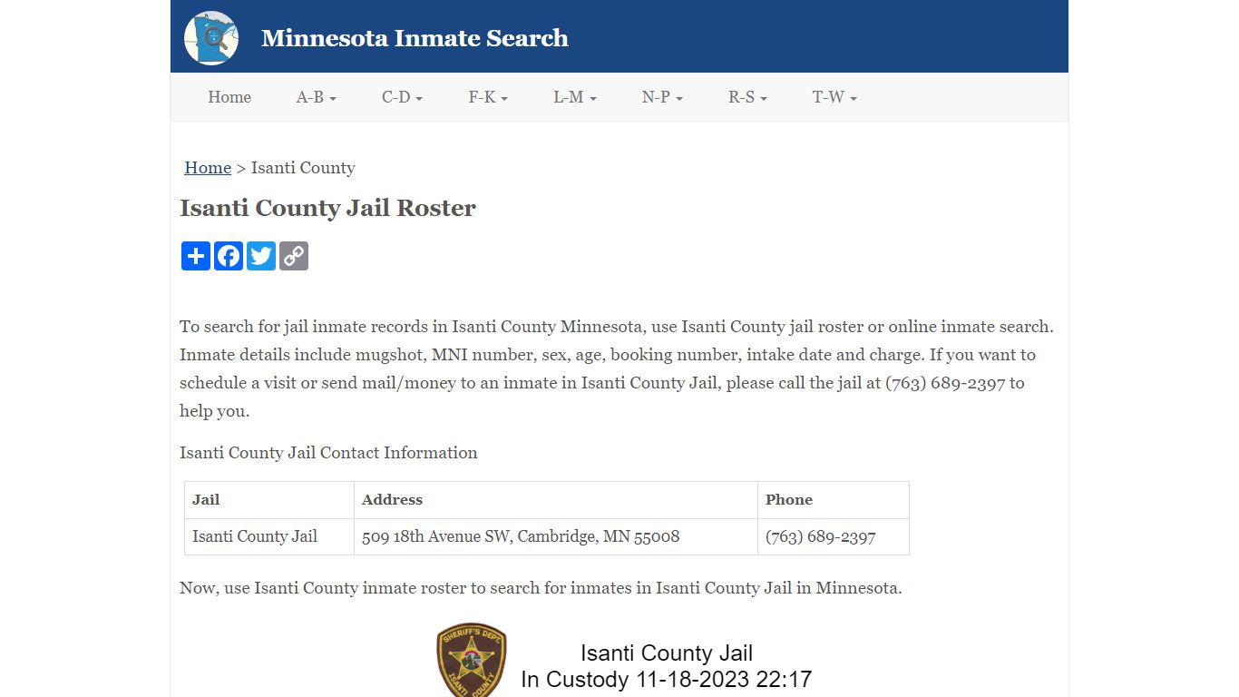Isanti County Jail Roster - Minnesota Inmate Search