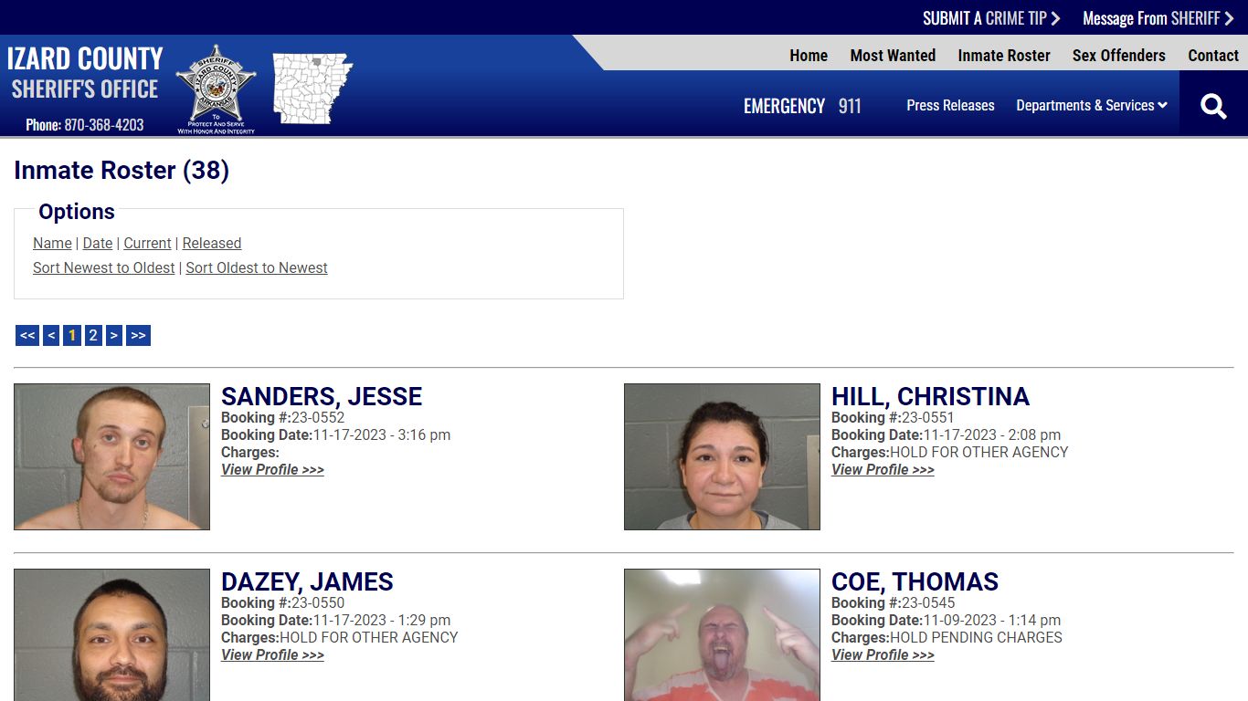 Current Inmates Booking Date Descending - Izard County Sheriff AR