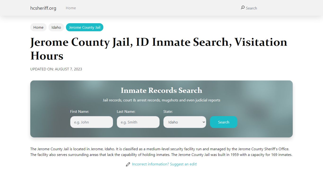 Jerome County Jail, ID Inmate Search, Visitation Hours